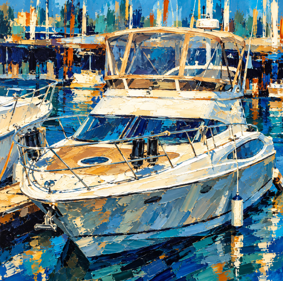 Expressive abstract painting of the same yacht with bold blue, teal, navy, cream and gold palette-knife strokes