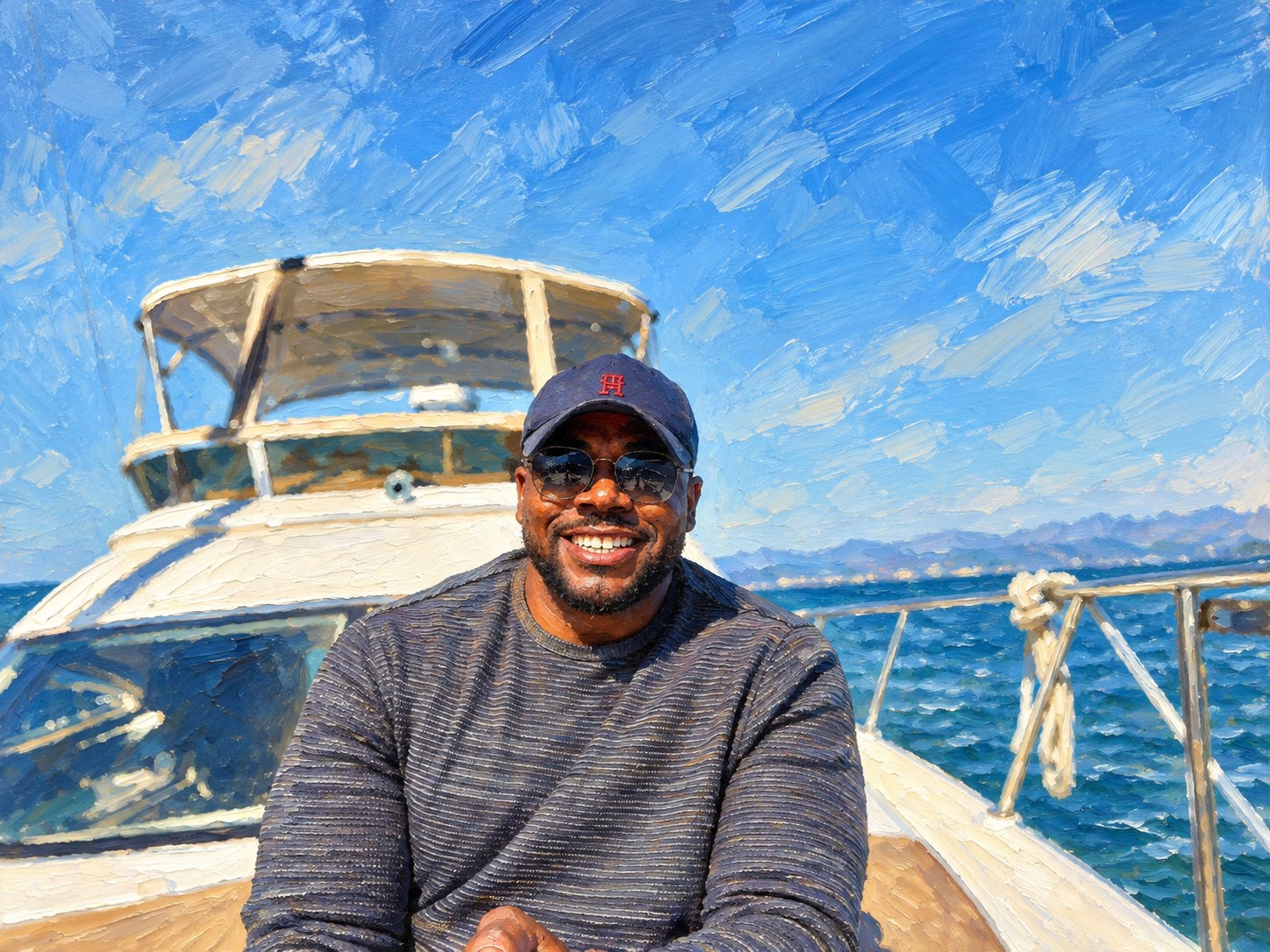 AI-painted artwork of the captain and yacht