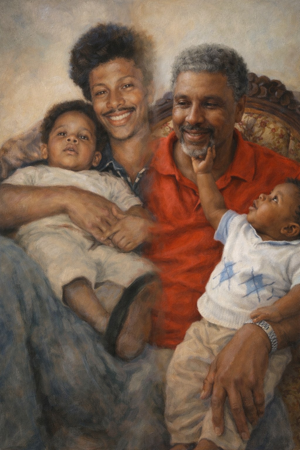 Painting-style artwork generated from the same family photo